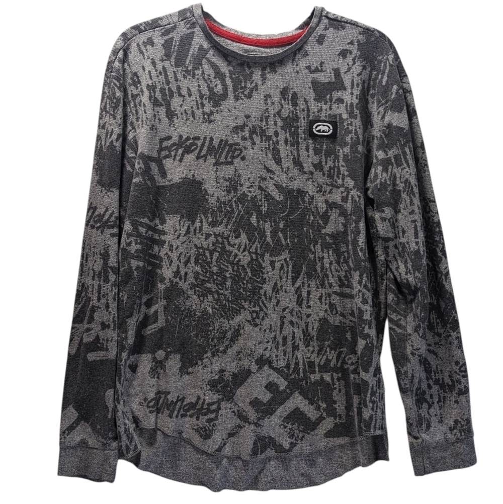 Ecko Unlimited Black and Gray Graphic Sweatshirt Waffle Style Size L